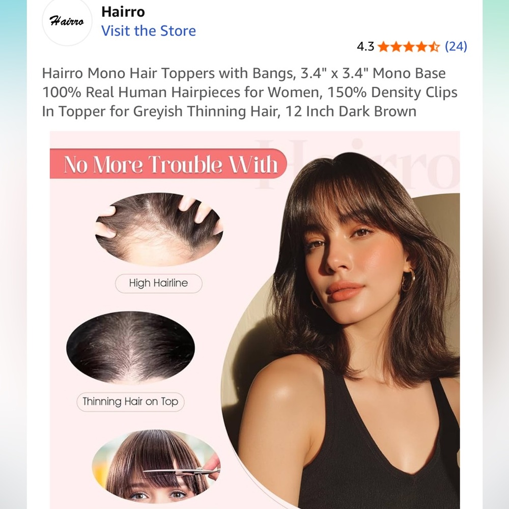 #10 Dark Brown Hair Topper with Bangs 12” #10